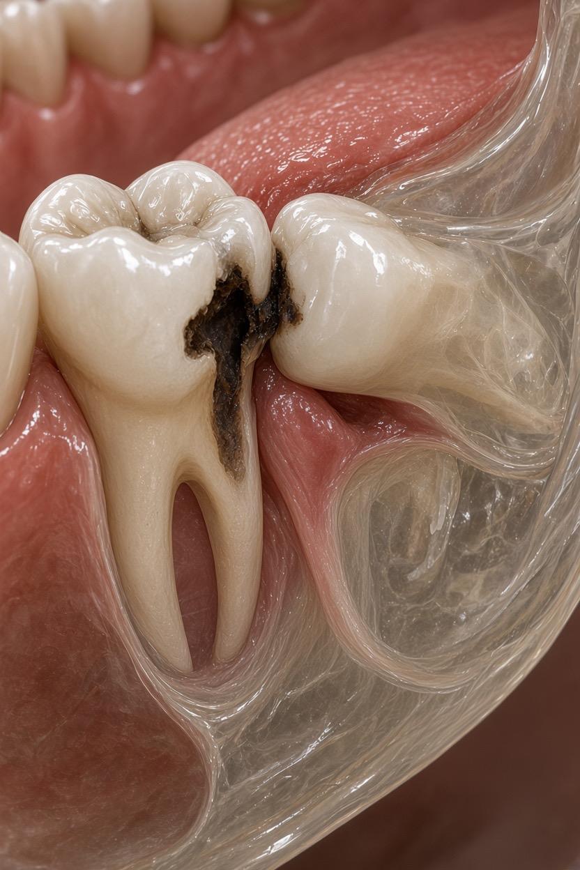 Cross-section illustration of an impacted wisdom tooth pressing against the second molar, with severe decay (dental caries) visible at the contact point between the two teeth